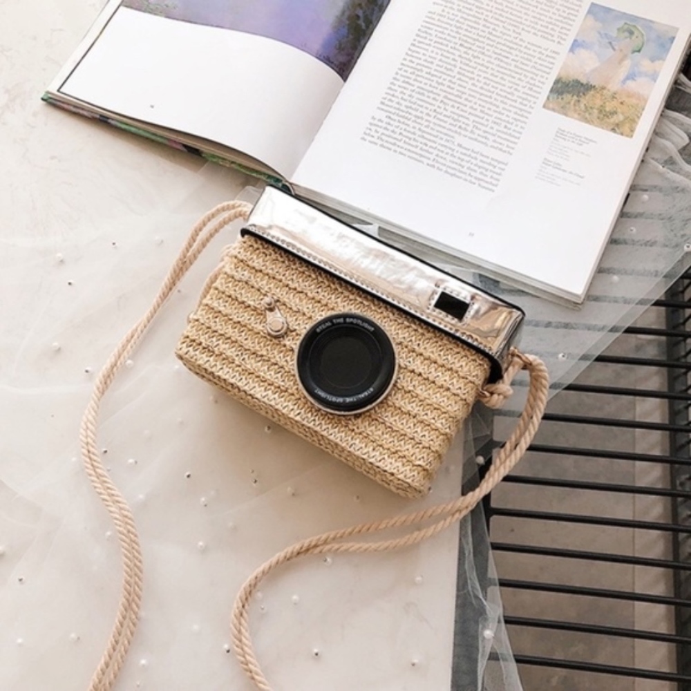 New Camera Woven Linen Straw Basket Shoulder Bag - Picture 6 of 8